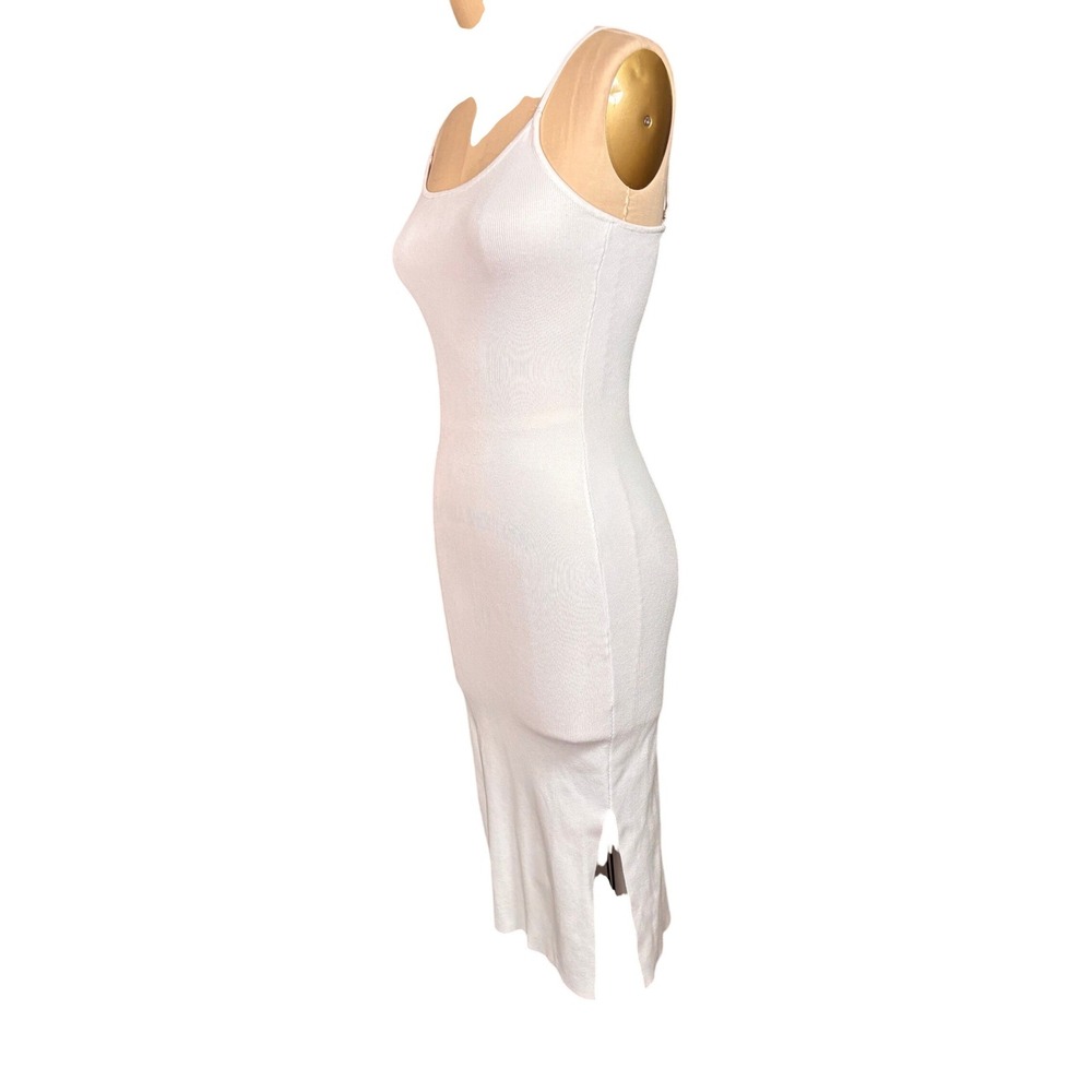 Ribbed Bodycon Herra Dress Midi Side Slit Adjustable Straps White